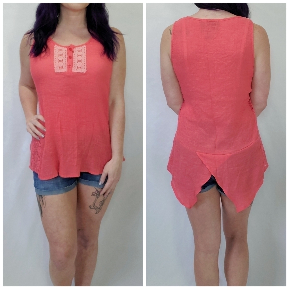 Spense Coral Pink Semi-Sheer Lace Embroidered Fishtail Back Sleeveless Top